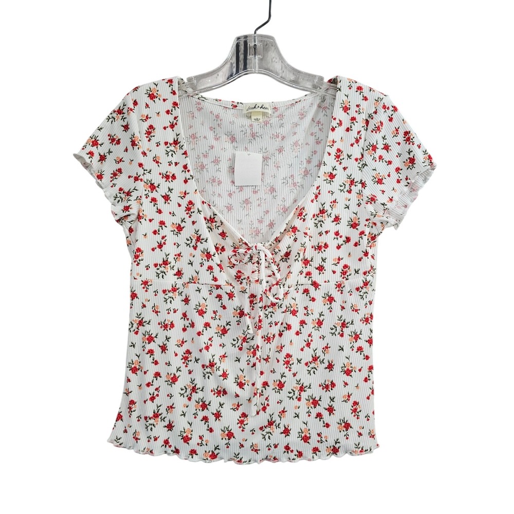 Derek Heart Floral Ribbed Tie Front Lettuce Trim Top White Red Large retro NWT